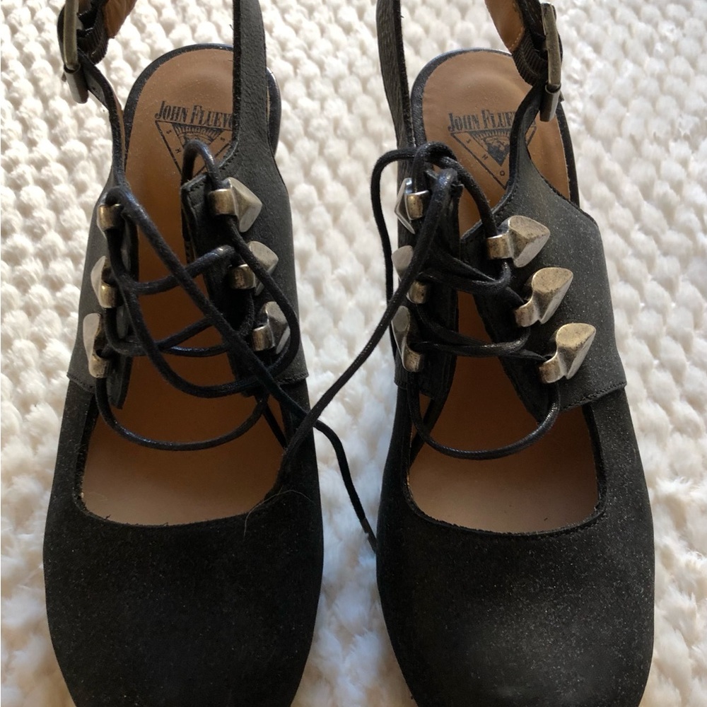 John Fluevog Black Heels with Silver Accents